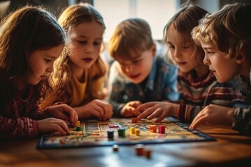 Candid group of children playing a board game, evoking nostalgia and the simple joys of childhood, Generative AI