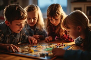 Candid group of children playing a board game, evoking nostalgia and the simple joys of childhood, Generative AI