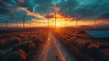 Solar panels and wind turbines of today provide sunset light. Generative Ai.