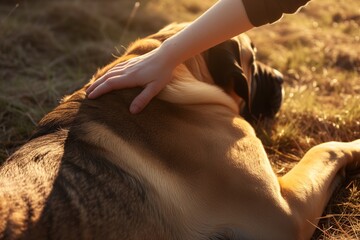 sunlit hand stroking the back of a lyingdown mastiff - obrazy, fototapety, plakaty