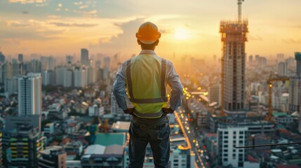 Rear view of professional engineer manager standing on multiple exposure with construction engineer concept, background of modern construction industry - obrazy, fototapety, plakaty