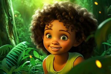 Naklejka premium A charming cartoon African girl with striking green eyes