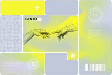 Bento grid web layout with y2k and brutal shapes and design elements on yellow, green, gray concrete fluid gradient background. Puzzle cards. UI design template. Complex liquid mesh gradient. Vector