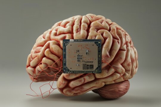 AI Brain Chip adaptive intelligence. Artificial Intelligence tsv mind neon raspberry axon. Semiconductor wafer circuit board neurotransmitter transporters
