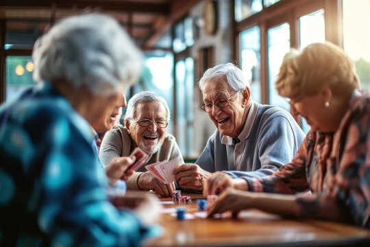 Candid shot of seniors in a lively social activity, playing cards and laughing, capturing the joy of leisure in retirement, Generative AI