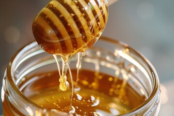 closeup of honey dipper lifted from jar with honey strands - obrazy, fototapety, plakaty