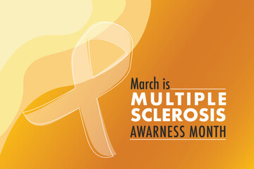Orange awareness ribbon. Multiple sclerosis ribbon. Multiple sclerosis awareness poster with an orange ribbon made white background. Symbol of multiple sclerosis. Vector - obrazy, fototapety, plakaty