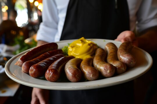 waiter serving a plate of artisanal sausages and mustard