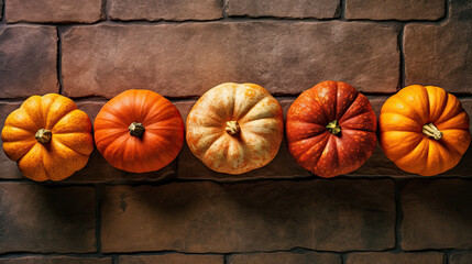 A group of pumpkins on a brick surface