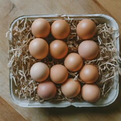 Close-Up View of Fresh Brown Eggs in a Grey Carton on a Textured Surface