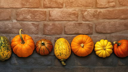 A group of pumpkins on a brick surface