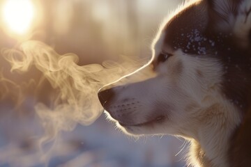 closeup of huskies breath visible in cold air - obrazy, fototapety, plakaty