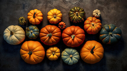A group of pumpkins on a metal surface