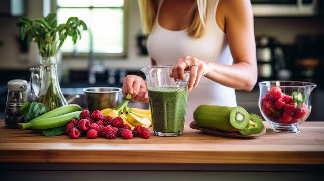 Cropped photo of a woman mixing spinach, zucchini, berries, bananas and almond milk to make a healthy green smoothie in the kitchen. Healthy lifestyle, Healthy food, Food for weight loss and vitamins.
