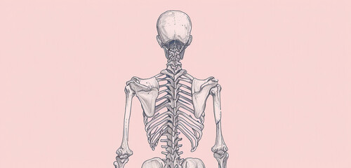 Sketch the back view of a human skeleton, focusing on and labeling the intervertebral discs and the tailbone on a pastel pink background - obrazy, fototapety, plakaty