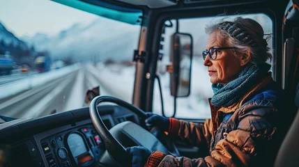Muurstickers Mature female truck driver in the cab, navigating logistics and transportation © Anna Zhuk