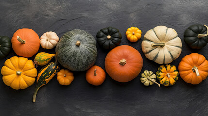 A group of pumpkins on a slate surface