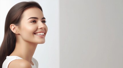 Universal photorealistic banner with a girl smiling with beautiful white teeth, close-up on a white plain background, close-up with space to insert text