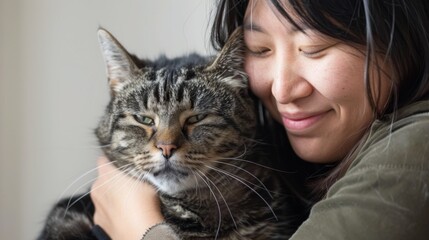 Smiling woman snuggling with a content cat, expressing the warmth and comfort of pet companionship, for articles on pet therapy, animal bonds, or cat care guides.