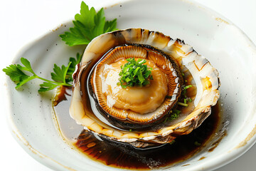 Fresh Abalone Seafood prepared on a plate: Iridescent Marine Delicacy, Edible Ocean Gastropod with Nacreous Shell Texture