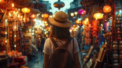 A woman strolling over a unique market street with a rucksack and hat. Generative Ai.