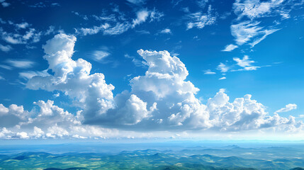 Electric blue sky with fluffy white clouds, mountains in the distance