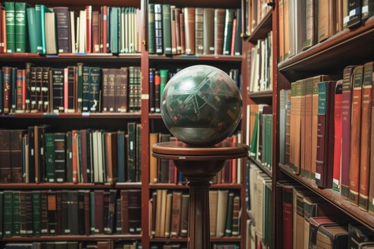 sphere on a pedestal surrounded by library books