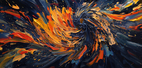 Swirling abstract expressionist brush strokes in sunset hues against a navy blue canvas