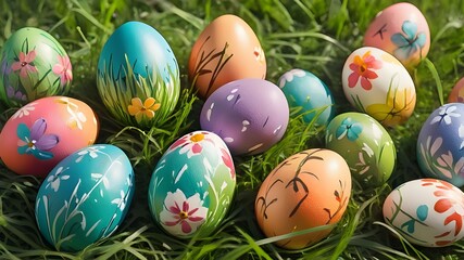 Naklejka premium Colorful hand painted Easter eggs on grass. Banner, panoramic