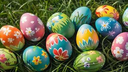 Fototapeta na wymiar Colorful hand painted Easter eggs on grass. Banner, panoramic