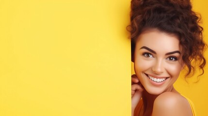 Universal photorealistic banner with a girl smiling with beautiful teeth close up on a bright yellow plain background, close up of her face with space to insert text