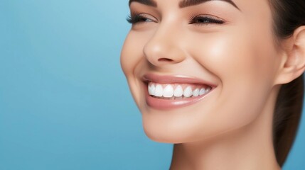 Versatile photorealistic banner with a girl smiling with beautiful teeth close up on a bright blue plain background, close up of her face with space to insert text