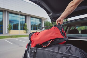person placing a sports bag into a car trunk outside a sports complex
