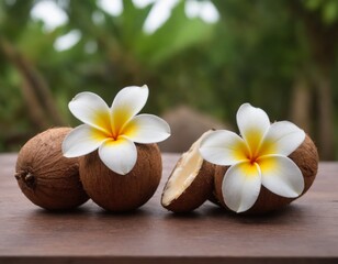 Still life with tropical coconut and plumeria flowers on wooden