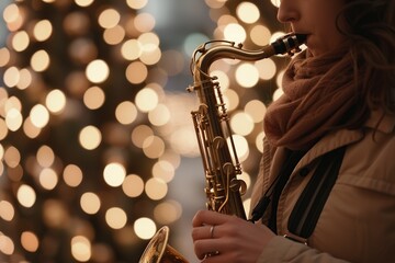 Fototapeta premium person playing the saxophone, blurred front