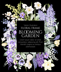Vector frame of spring flowers and flowering trees. Snowdrops, crocuses, brunnera, tulips, muscari, hyacinths, irises, daffodil, pansies, lily of the valley, lilac, mimosa, wisteria