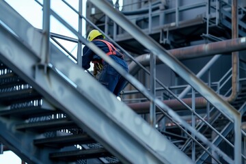 helmetclad worker climbing metal stairs in refinery structure