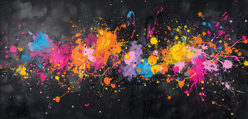 Vibrant spray paint splatters on a jet-black canvas, evoking urban street art