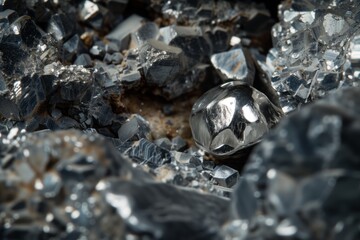 closeup of a silver nugget nestled among rough minerals