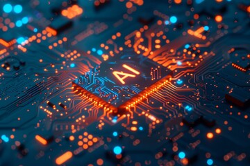 Obraz premium AI Brain Chip gaba. Artificial Intelligence wearable fitness trackers mind neuroelectrics axon. Semiconductor axon injury circuit board wearable technology