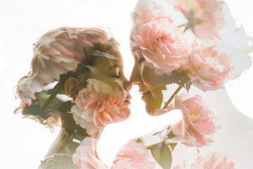 ethereal double exposure portrait of mother and daughter among cherry blossoms - obrazy, fototapety, plakaty