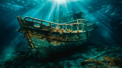 Foto auf Acrylglas A sunken shipwreck in sea. Underwater world. © graja