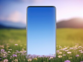 A cell phone in a field of flowers. Generative AI.