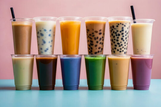 Advertising image, bright cups of bubble tea standing in a row on a plain background. Trendy tapioca soft drinks, different flavors, boba.