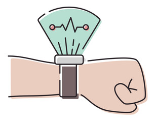 Vector isolated line icon. Human hand with a smart watch, fitness bracelet with a cardiogram symbol.