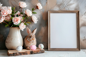 Blank white poster in frame next to cute toy Easter bunny, copy space