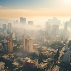 Obraz premium A city with tall buildings and a lot of fog. Generative AI.