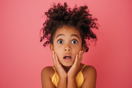 Surprised little girl with open mouth on empty pink background