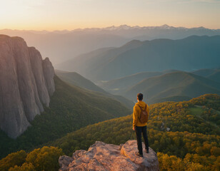 Obraz premium A man on top against the backdrop of a mountain valley at sunset