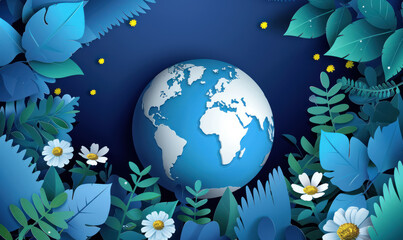 paper cut design of earth surrounded by floral elements for environmental awareness
